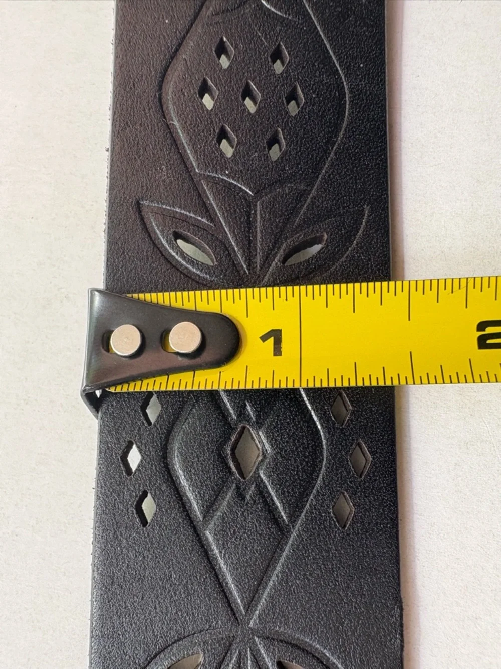 Fossil Black Leather Belt - Boho Perforated Geometric Design - Size M  Y2K